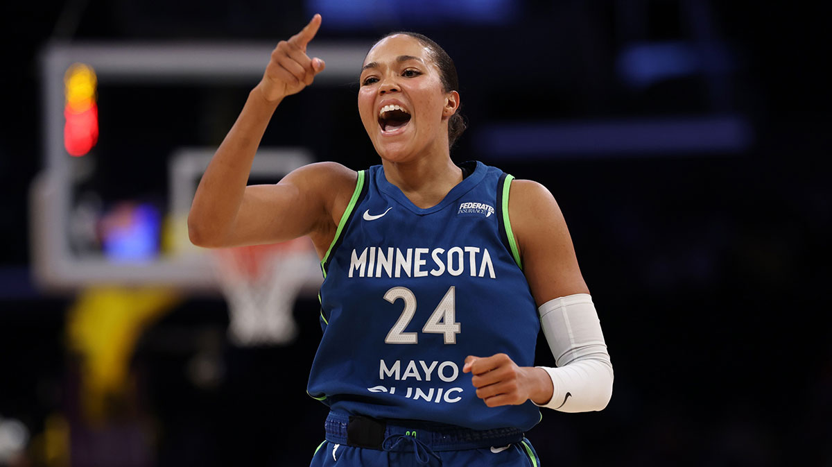 Minnesota Lynx forward Napheesa Collier (24) reacts after scoring a basket during the first half against the Los Angeles Sparks at Crypto.com Arena.