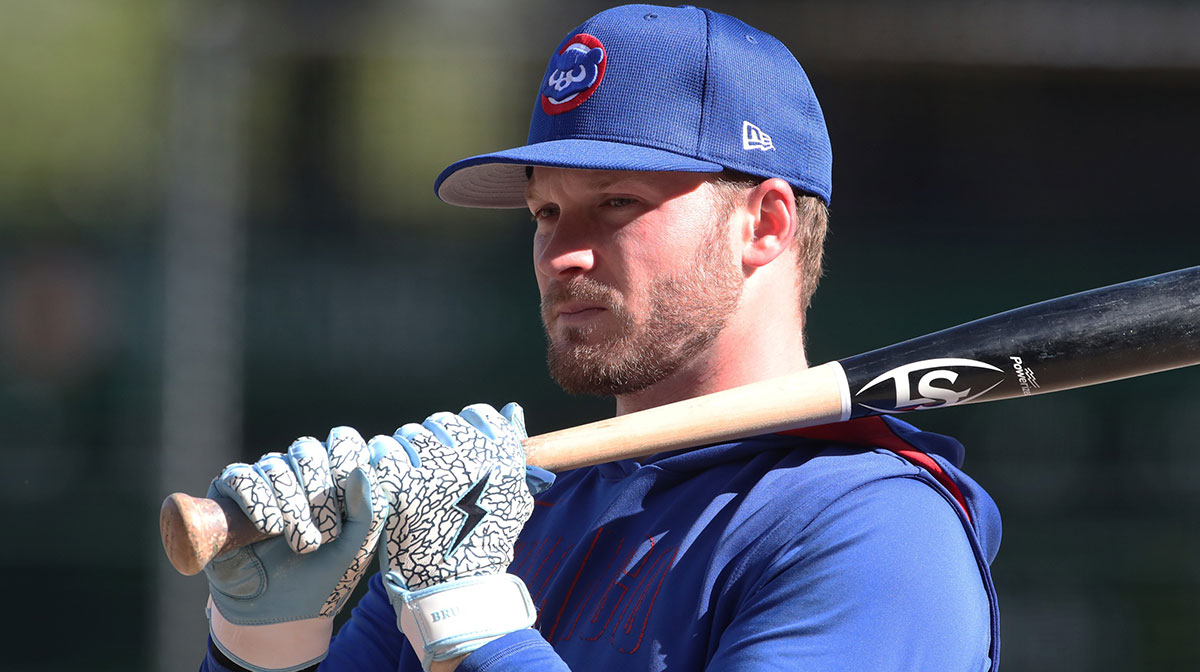Chicago Cubs left fielder Ian Happ (8) at the batting cage before the game against the Pittsburgh Pirates at PNC Park.
