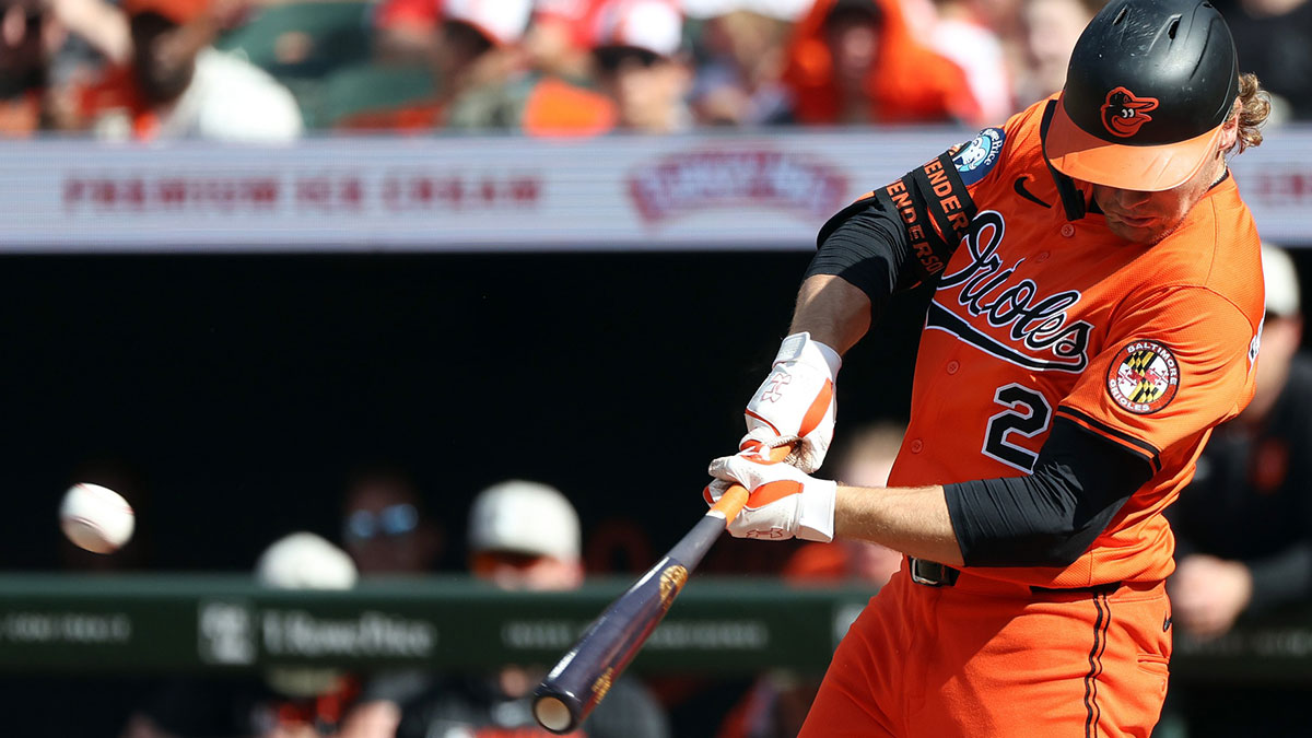 Baltimore Orioles shortstop Gunnar Henderson (2) takes a swing during the first inning against the Washington Nationals at Oriole Park at Camden Yards. 