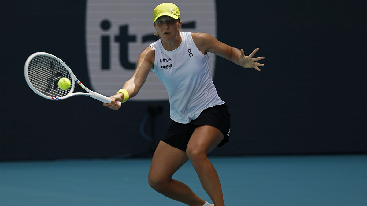 Iga Swiatek (POL) hits a forehand against Alexandra Eala (PHL)(not pictured) on day nine of the Miami Open at Hard Rock Stadium