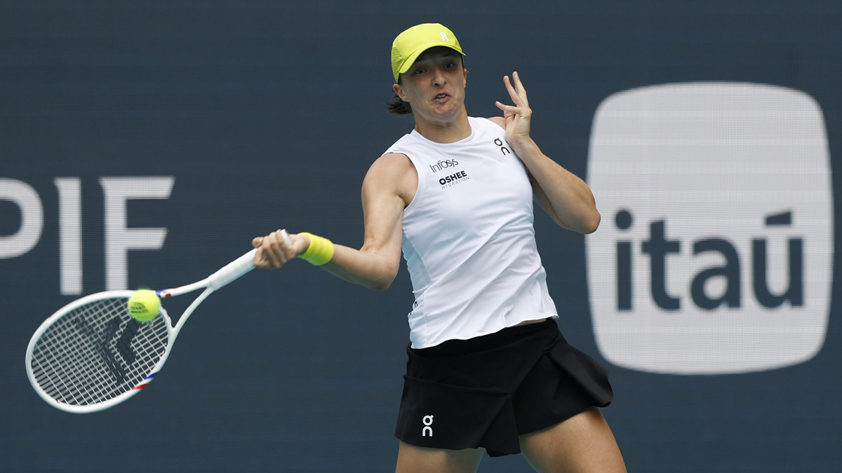 Iga Swiatek (POL) hits a forehand against Alexandra Eala (PHL)(not pictured) on day nine of the Miami Open at Hard Rock Stadium.