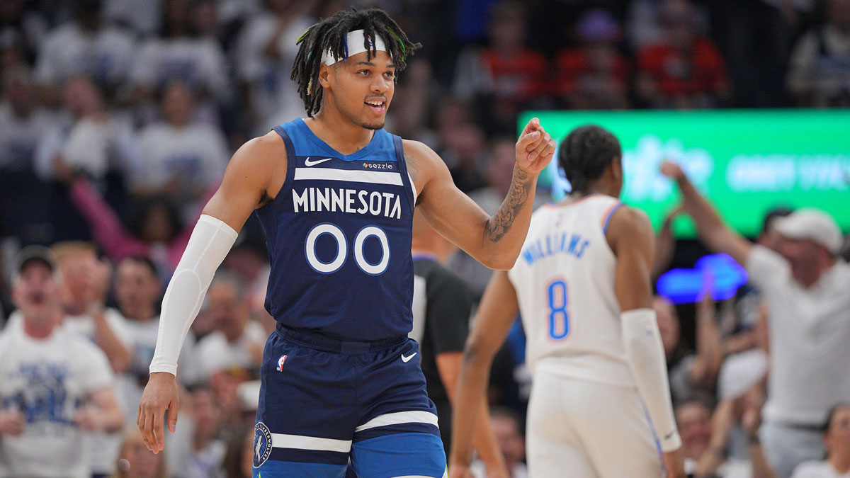 Minnesota Timberwolves guard Terrence Shannon Jr. (00) reacts against the Oklahoma City Thunder during the first half in game three of the western conference finals for the 2025 NBA Playoffs at Target Center.
