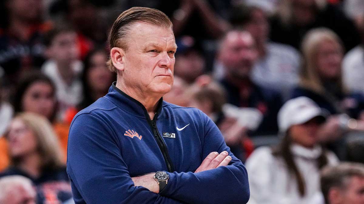 Illinois Fighting Illini head coach Brad Underwood watches the action Friday, March 14, 2025, in a quarterfinals game at the 2025 TIAA Big Ten Tournament between the Maryland Terrapins and the Illinois Fighting Illini at Gainbridge Fieldhouse in Indianapolis.