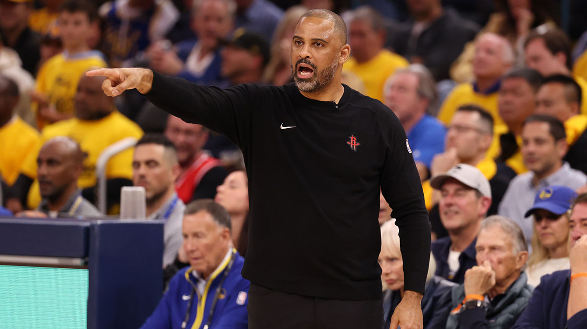 Houston Rockets head coach Ime Udoka on the sideline during the fourth quarter of game four of the 2025 NBA Playoffs first round against the Golden State Warriors at Chase Center.