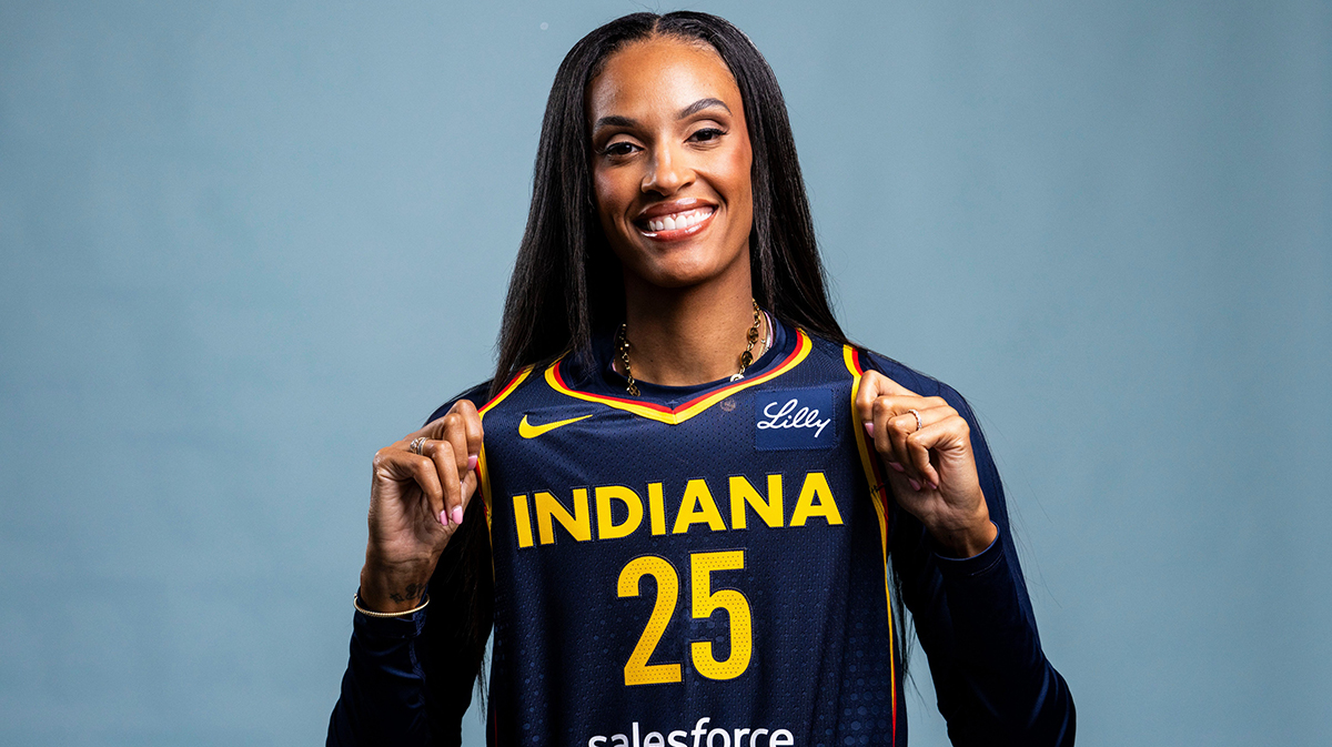 Indiana Fever forward DeWanna Bonner poses for a photo Wednesday, April 30, 2025, during the Indiana Fever media day at Gainbridge Fieldhouse in Indianapolis.