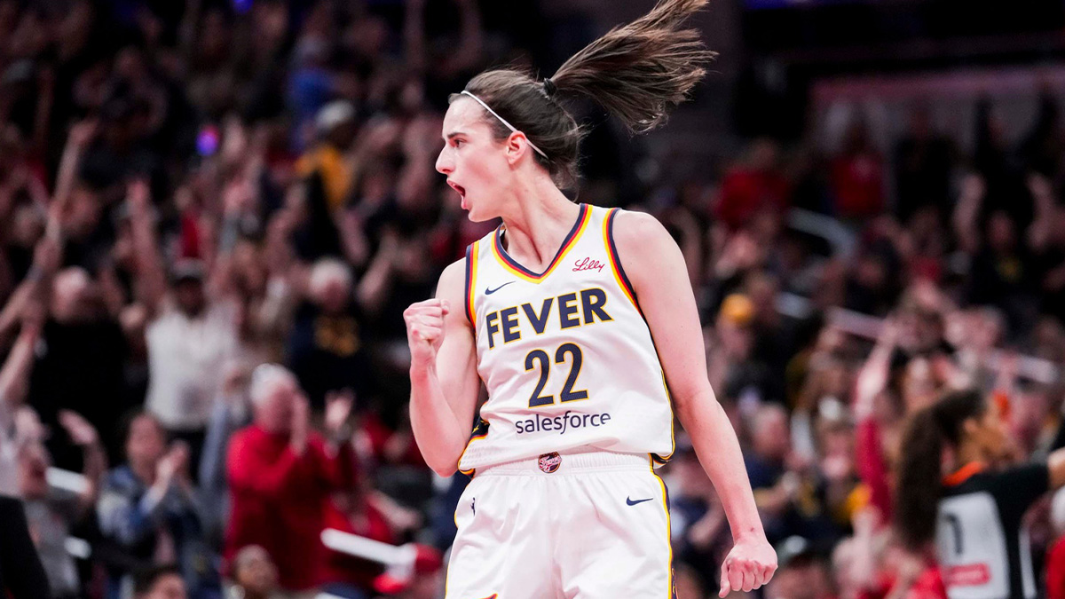 Indiana Fever guard Caitlin Clark (22) celebrates during a game between the Indiana Fever and the New York Liberty at Gainbridge Fieldhouse.