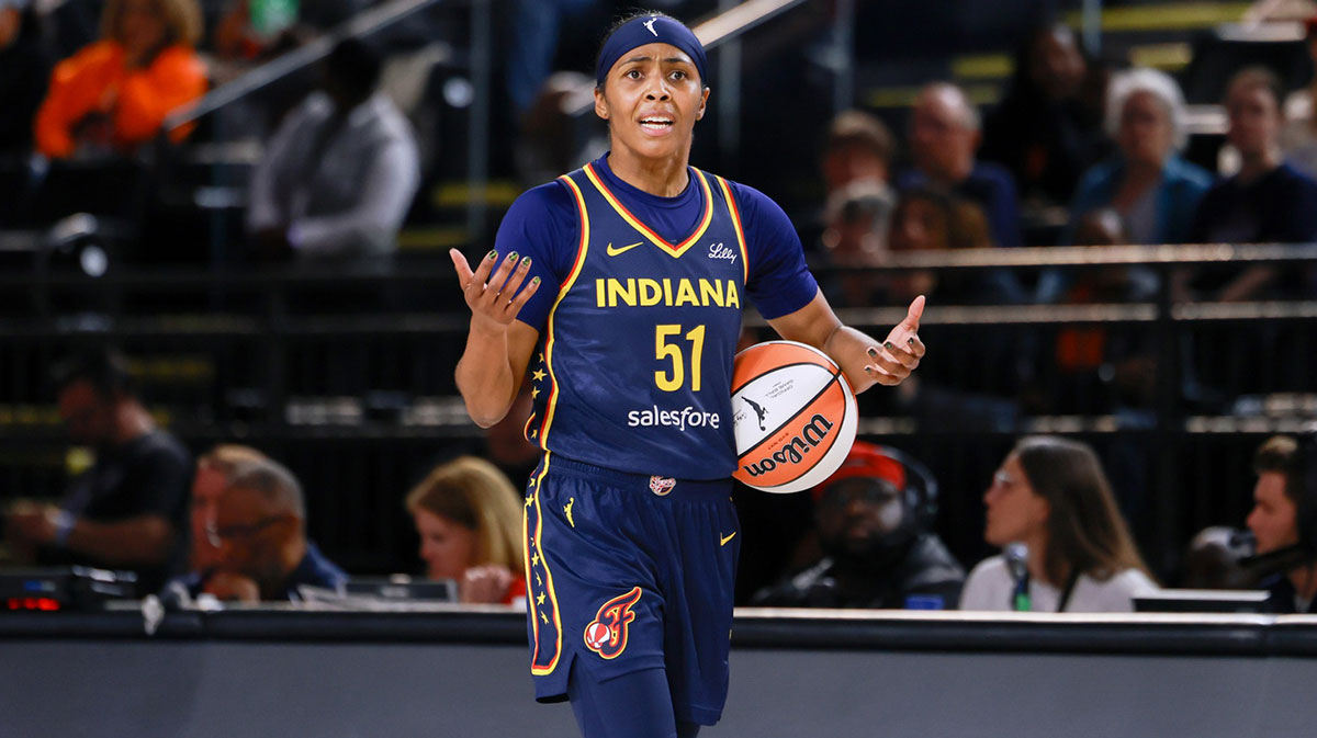 Indiana Fever guard Sydney Colson (51) reacts to a call from the referee in the first quarter against the Washington Mystics at Entertainment & Sports Arena.
