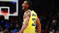 Indiana Pacers forward Aaron Nesmith (23) celebrates during the second half of game five against the Cleveland Cavaliers in the second round for the 2025 NBA Playoffs at Rocket Arena.