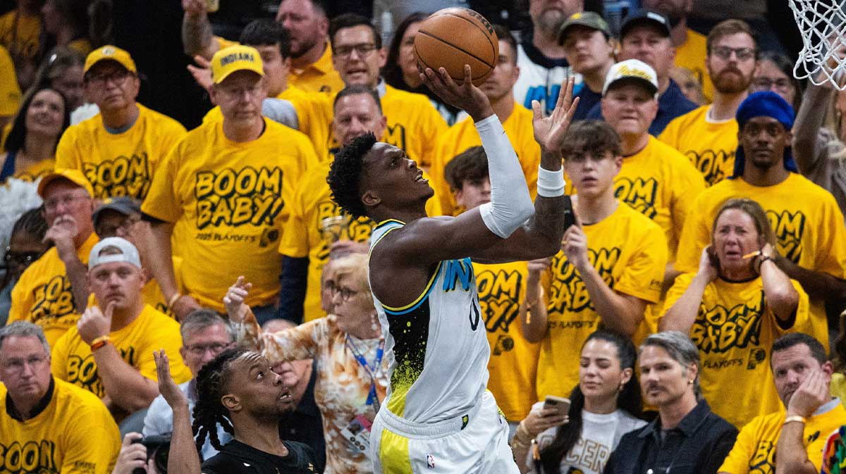 Indiana Pacers guard Bennedict Mathurin (00) shoots the ball while Cleveland Cavaliers guard Darius Garland (10) defends during game three of the second round for the 2025 NBA Playoffs at Gainbridge Fieldhouse.