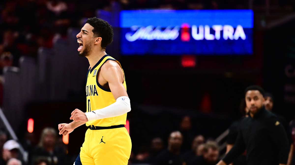 Indiana Pacers guard Tyrese Haliburton (0) celebrates during the second half against the Cleveland Cavaliers in game five of the second round for the 2025 NBA Playoffs at Rocket Arena.