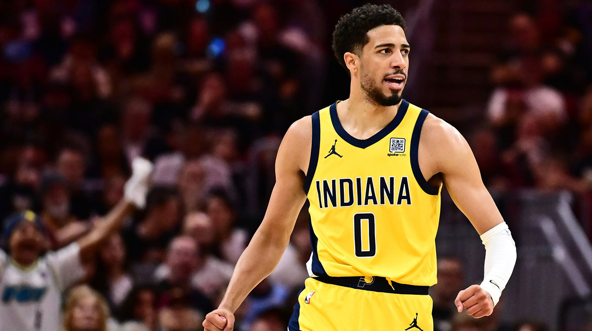 Indiana Pacers guard Tyrese Haliburton (0) celebrates during the second half against the Cleveland Cavaliers in game five of the second round for the 2025 NBA Playoffs at Rocket Arena.