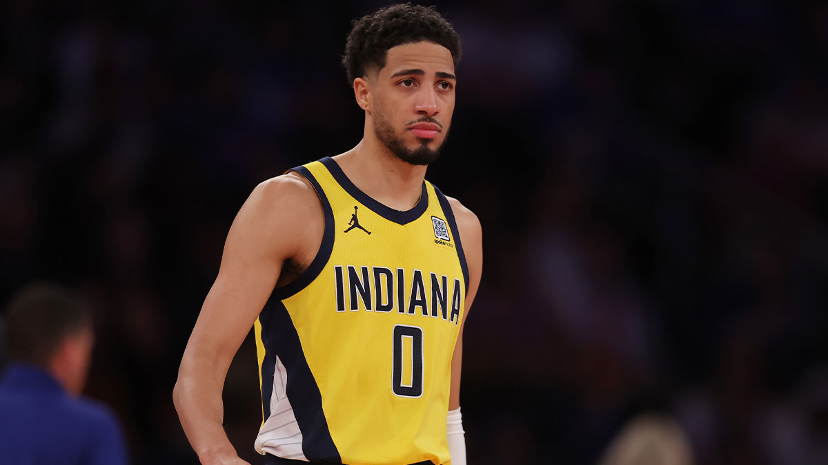 Indiana Pacers guard Tyrese Haliburton (0) reacts in the third quarter against the New York Knicks during game one of the eastern conference finals for the 2025 NBA Playoffs at Madison Square Garden.