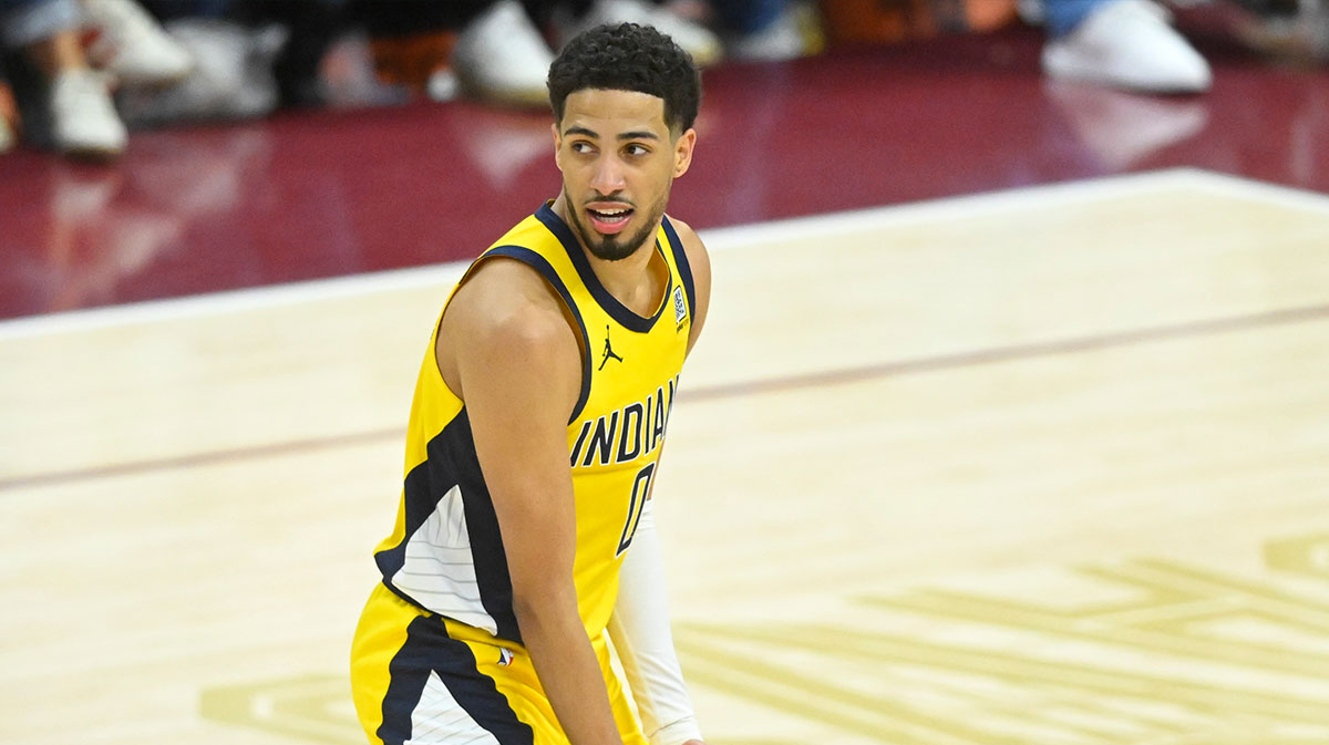 Indiana Pacers guard Tyrese Haliburton (0) celebrates his game-winning three-point basket in the fourth quarter during game two of the second round of the 2025 NBA Playoffs against the Cleveland Cavaliers at Rocket Arena.