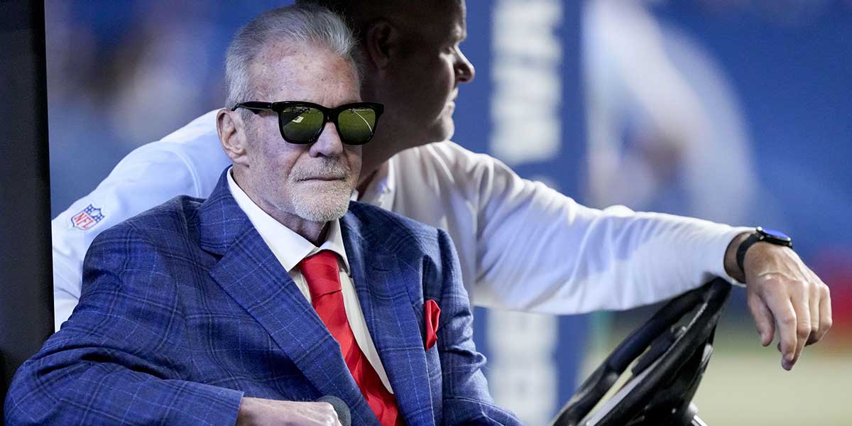 Oct 20, 2024; Indianapolis, Indiana, USA; Indianapolis Colts owner Jim Irsay sits in a golf cart during a Ring of Honor ceremony for Dallas Clark during a game against the Miami Dolphins at Lucas Oil Stadium. Mandatory Credit: Grace Hollars/IndyStar USA TODAY Network via Imagn Images