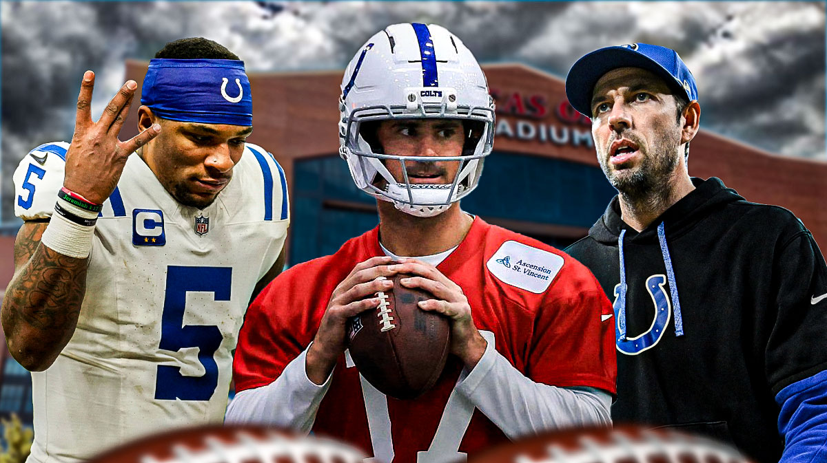 Daniel Jones in the middle, Anthony Richardson and Coach Shane Steichen around him, Stormy skies in the background