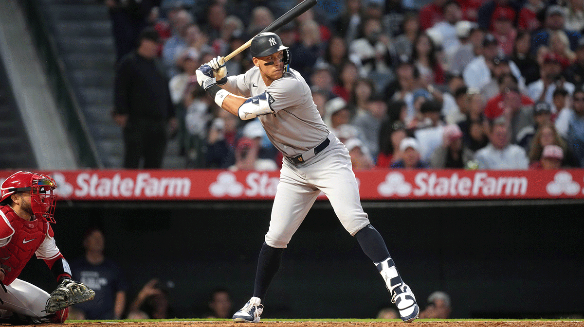 May 28, 2025; Anaheim, California, USA; New York Yankees designated hitter Aaron Judge (99) bats in the fifth inning against the Los Angeles Angels at Angel Stadium. Mandatory Credit: Kirby Lee-Imagn Images