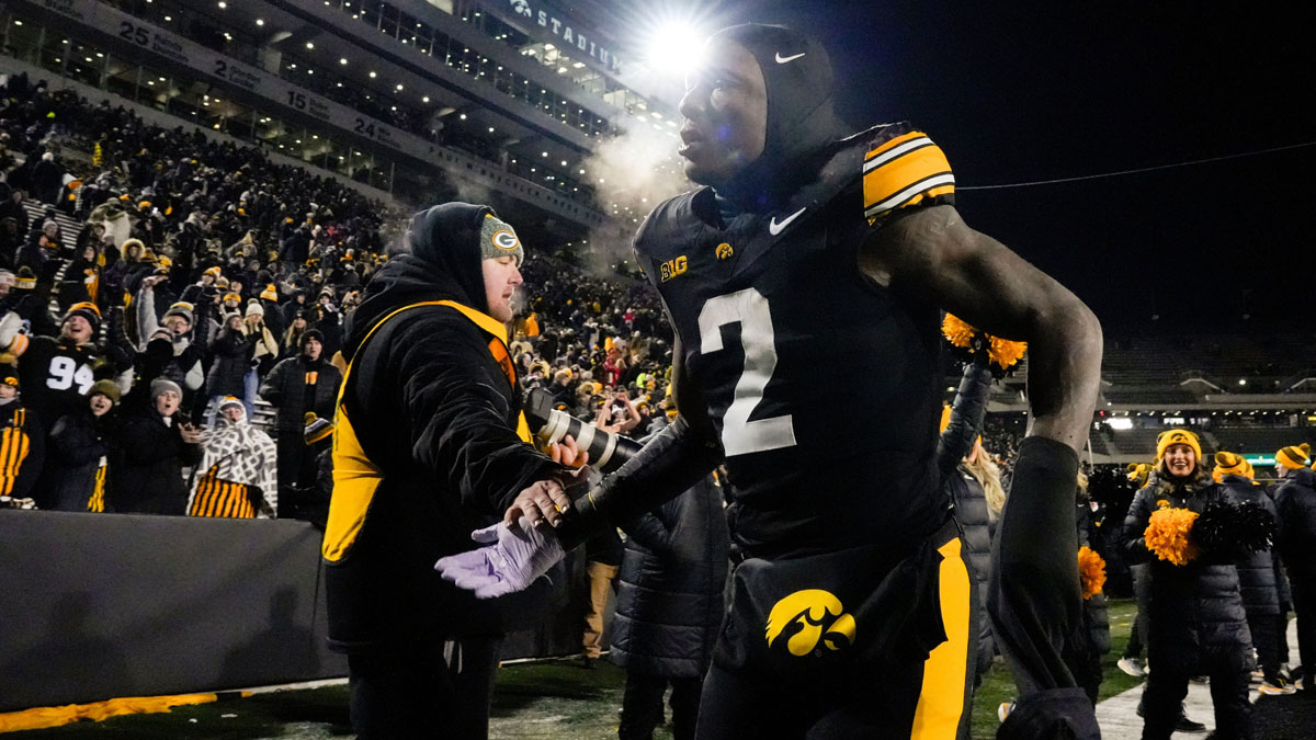 Iowa Hawkeyes running back Kaleb Johnson (2) runs off the field after the Hawkeyes defeated the Nebraska Cornhuskers 13-10 Friday, Nov. 29, 2024 at Kinnick Stadium in Iowa City, Iowa.