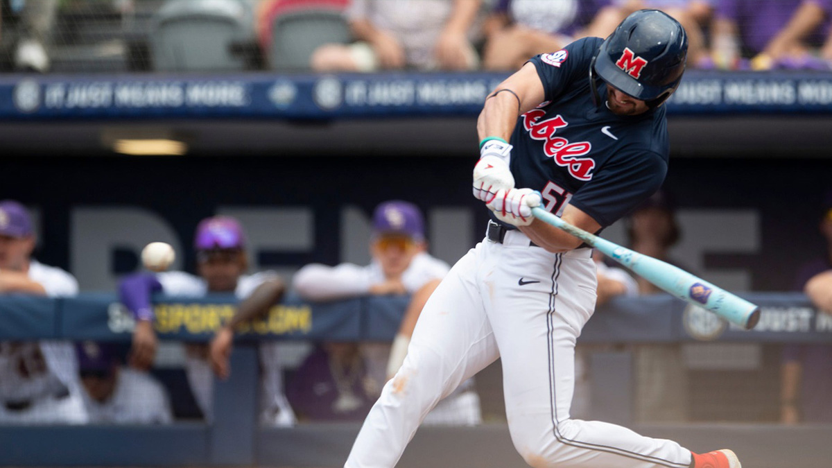 Ole Miss Rebels' Isaac Humphrey (51) swings at the ball as Ole Miss Rebels take on LSU Tigers during the SEC baseball tournament at Hoover Met.