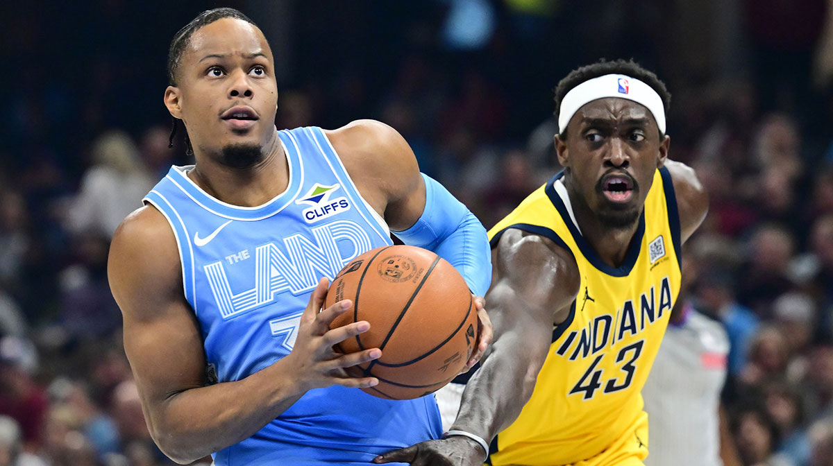 Cleveland Cavaliers forward Isaac Okoro (35) drives to the basket against Indiana Pacers forward Pascal Siakam (43) during the first half at Rocket Mortgage FieldHouse.