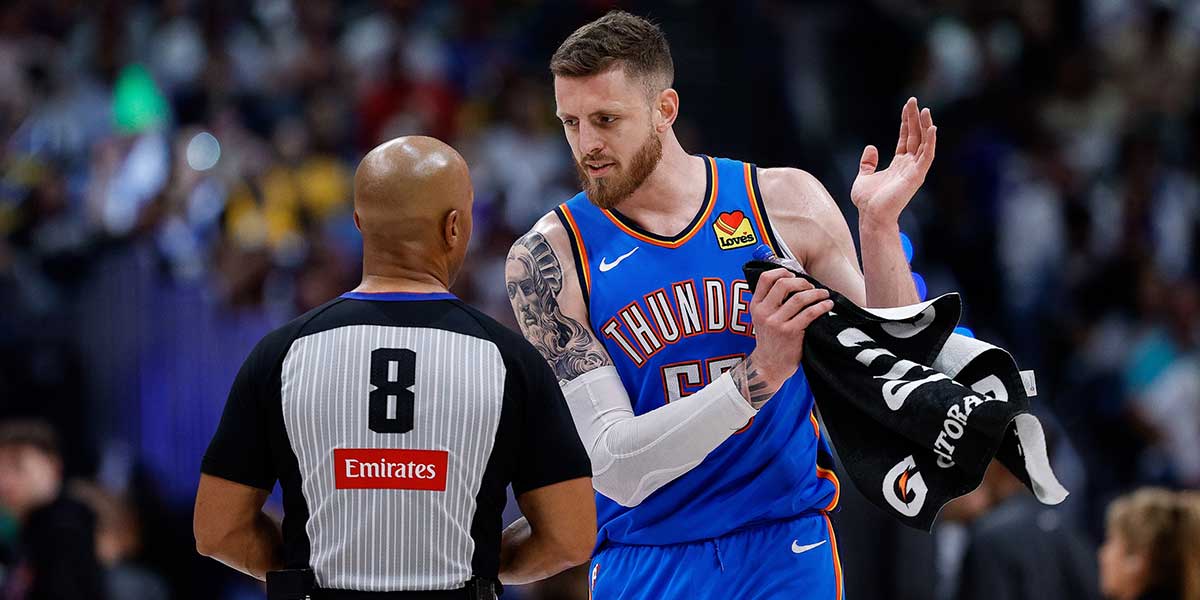 Oklahoma City Thunder center Isaiah Hartenstein (55) talks with referee Marc Davis (8) after a play in the second quarter against the Denver Nuggets during game six of the second round for the 2025 NBA Playoffs at Ball Arena.