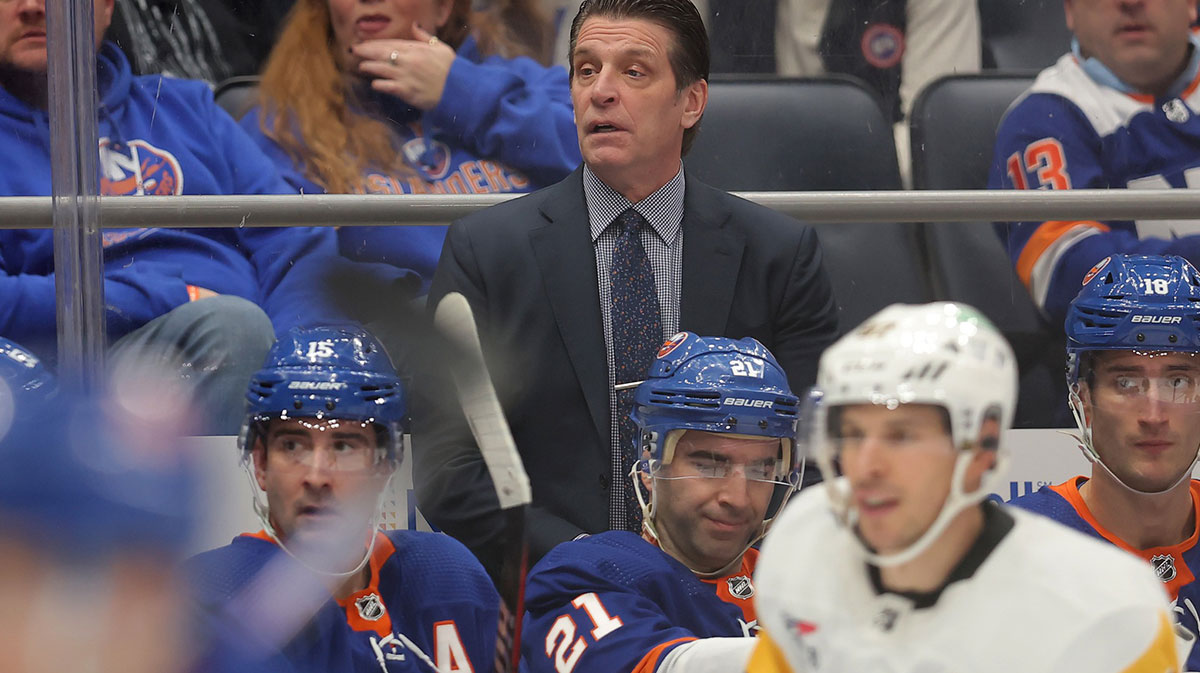 New York Islanders head coach Lane Lambert coaches against during the second period against the Pittsburgh Penguins at UBS Arena.