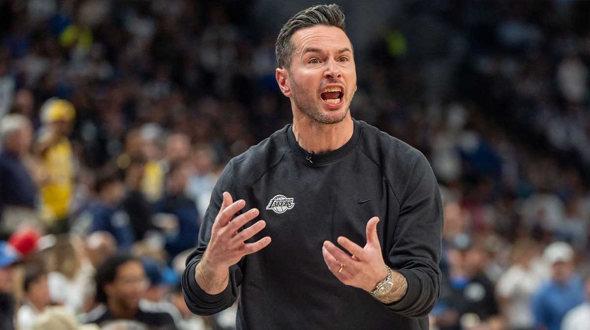 Los Angeles Lakers head coach JJ Redick lobbies for possession due to a Minnesota Timberwolves player kicking the ball in the third quarter during game four of first round for the 2025 NBA Playoffs at Target Center.