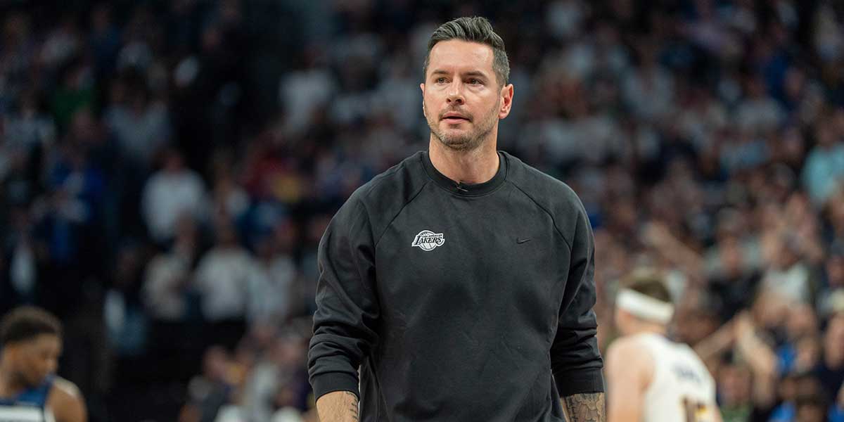 Los Angeles Lakers head coach JJ Redick reacts to his team losing the lead to the Minnesota Timberwolves late in the fourth quarter during game four of first round for the 2025 NBA Playoffs at Target Center.