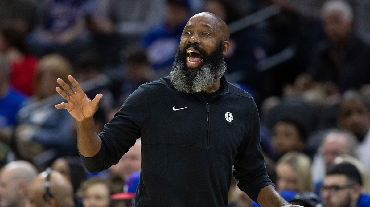 Brooklyn Nets head coach Jacque Vaughn reacts during the first quarter against the Philadelphia 76ers at Wells Fargo Center.