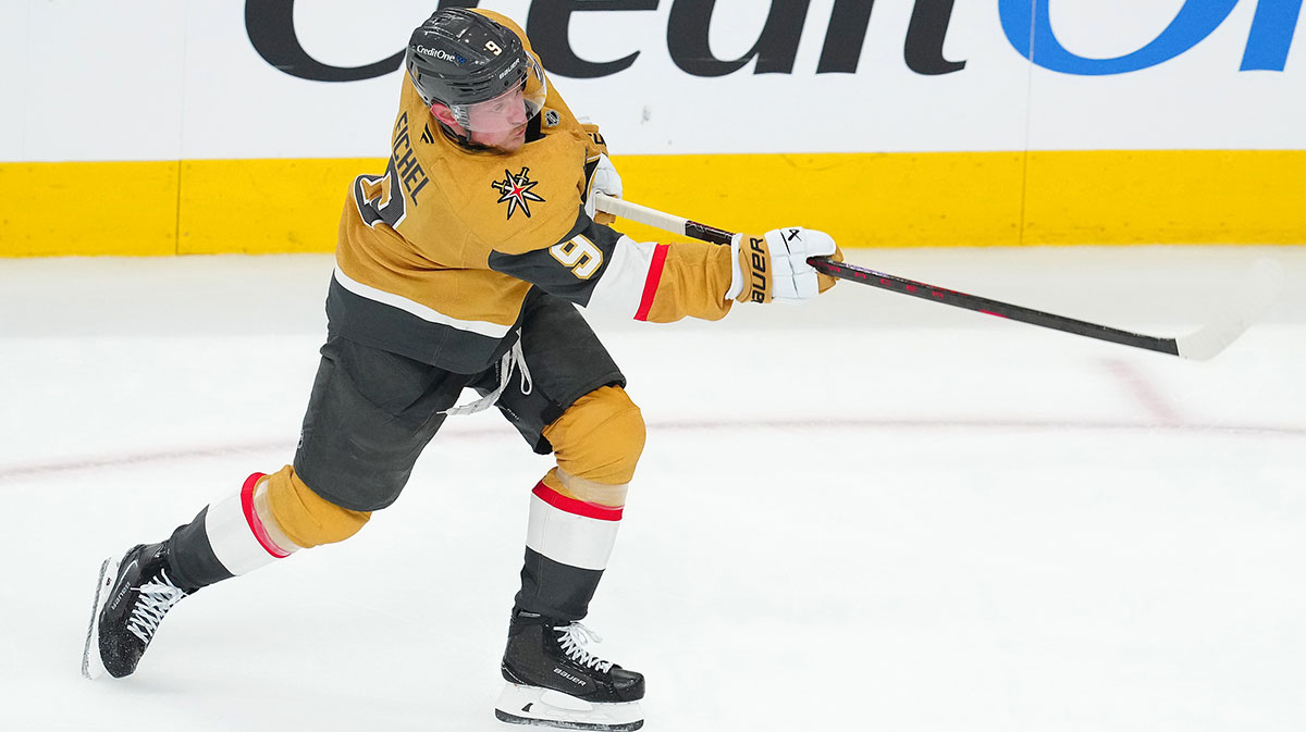 Vegas Golden Knights center Jack Eichel (9) shoots against the Edmonton Oilers during the third period of game one of the second round of the 2025 Stanley Cup Playoffs at T-Mobile Arena