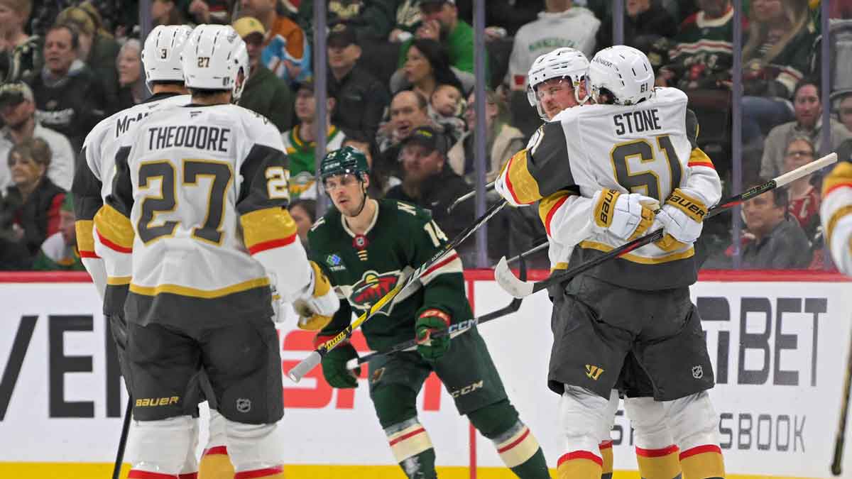 Vegas Golden Knights forward Jack Eichel (9) celebrates his goal against the Minnesota Wild with forward Mark Stone (61) during the second period in game six of the first round of the 2025 Stanley Cup Playoffs at Xcel Energy Center.