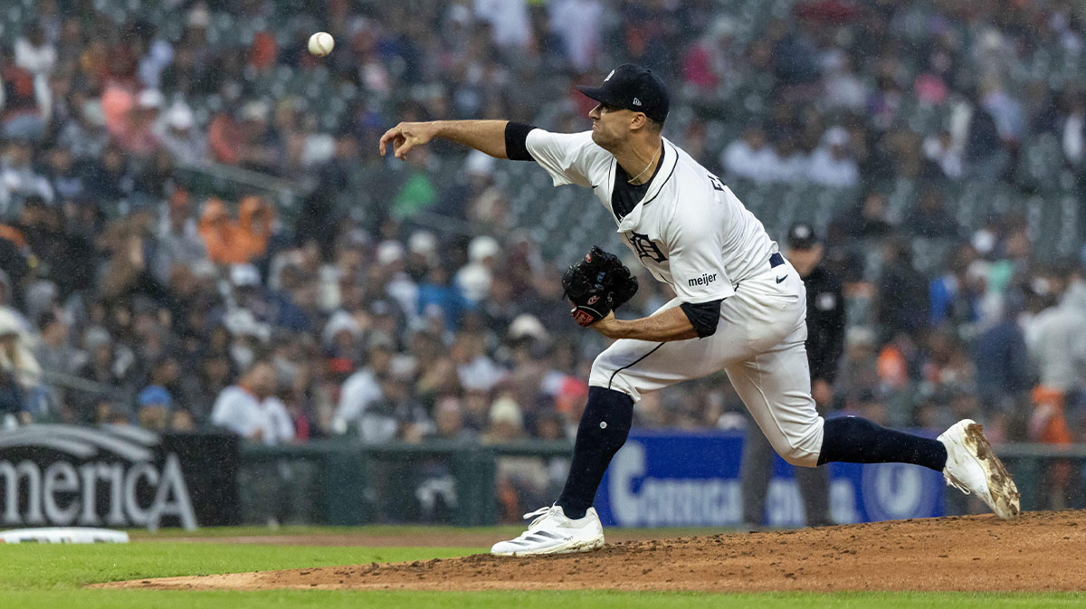Detroit Tigers pitcher Jack Flaherty (9) delivers in the rain in the fourth inning against the Cleveland Guardians at Comerica Park.