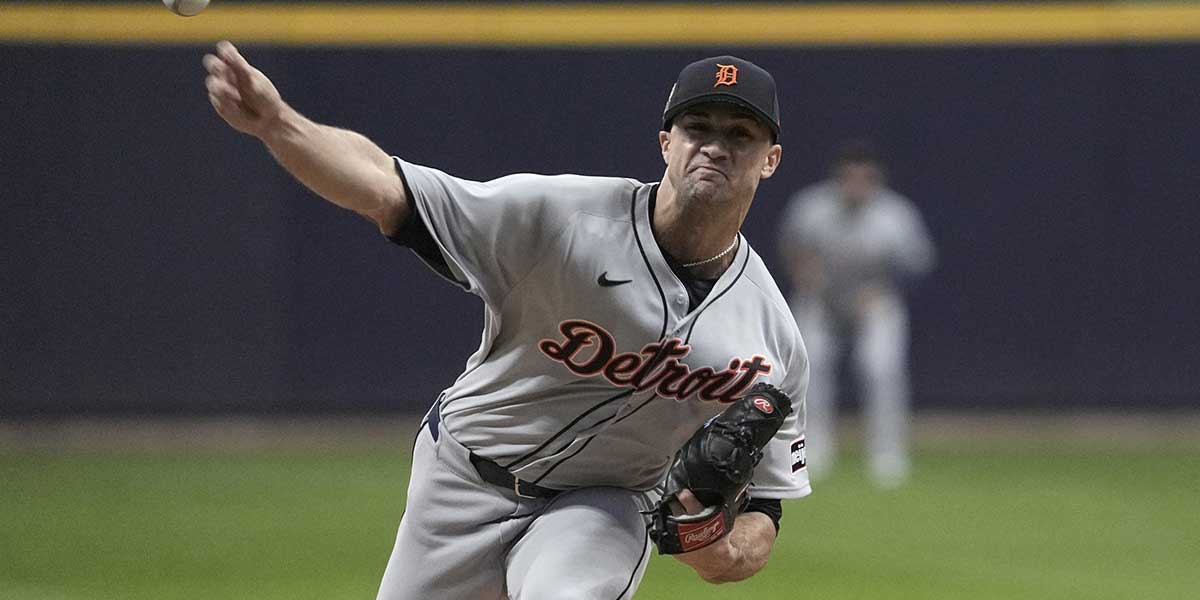 Apr 15, 2025; Milwaukee, Wisconsin, USA; Detroit Tigers pitcher Jack Flaherty (9) delivers a pitch against Milwaukee Brewers in the first inning at American Family Field. Mandatory Credit: Michael McLoone-Imagn Images
