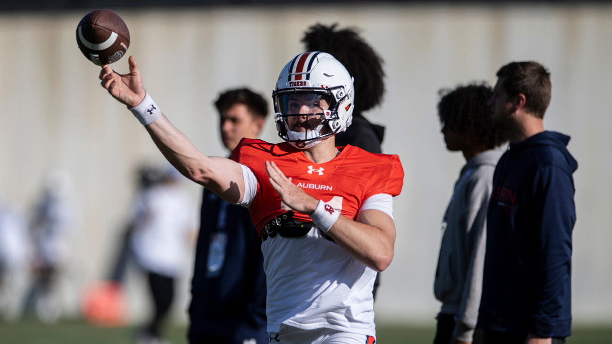 Auburn Tigers quarterback Jackson Arnold (11) throws the ball during football practice at Woltosz Football Performance Center in Auburn, Ala., on Thursday, April 10, 2025.
