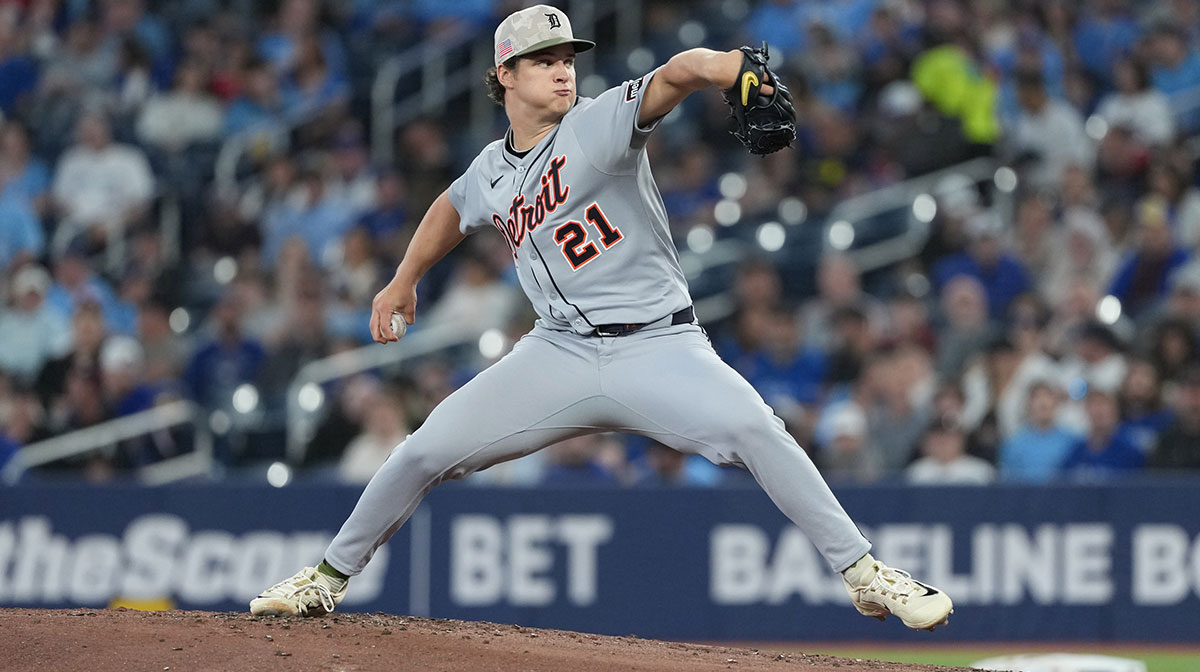 Detroit Tigers starting pitcher Jackson Jobe (21) throws pitch against the Toronto Blue Jays during the first inning at Rogers Centre.