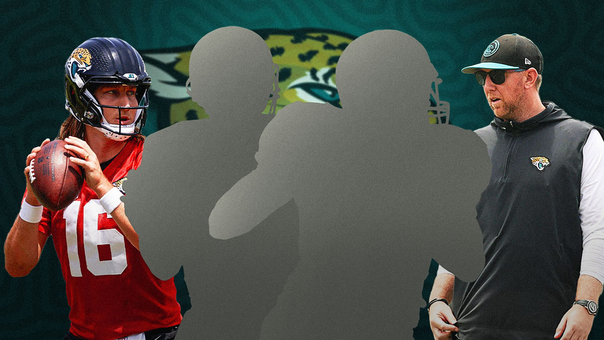 Two mystery players in the middle, Trevor Lawrence and coach Liam Coen around them, Jacksonville Jaguars wallpaper in the background