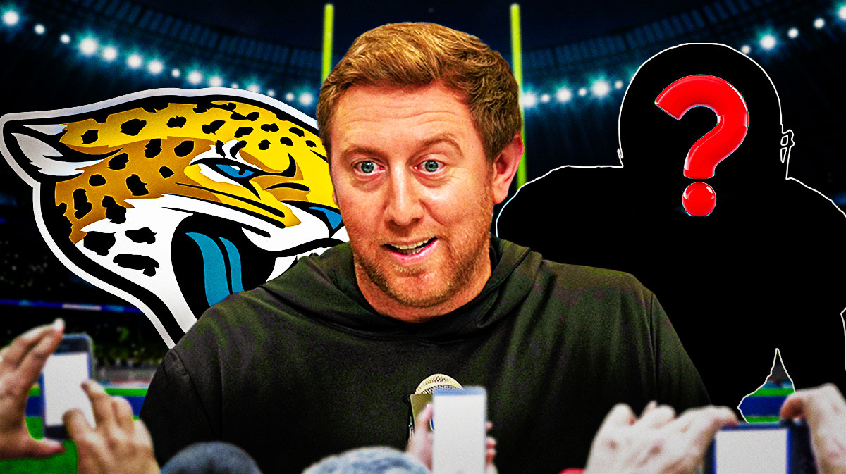 Jacksonville Jaguars head coach Liam Coen next to a silhouette of an American football player with a big question mark emoji inside. There is also a logo for the Jacksonville Jaguars.
