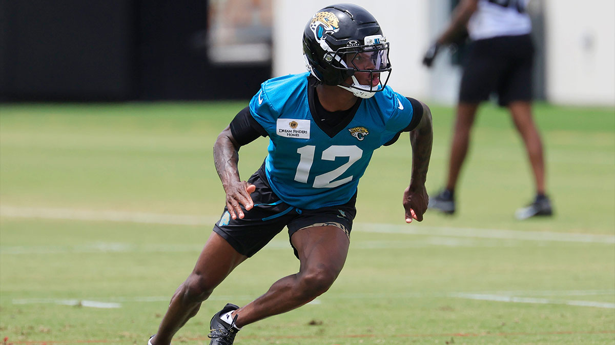 Jacksonville Jaguars wide receiver Travis Hunter (12) runs a route during a rookie minicamp at Miller Electric Center Saturday, May 10, 2025 in Jacksonville, Fla. [