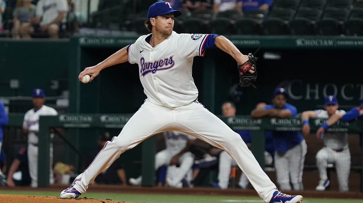 Texas Rangers pitcher Jacob deGrom (48) throws to the plate during the first inning against the Houston Astros at Globe Life Field.