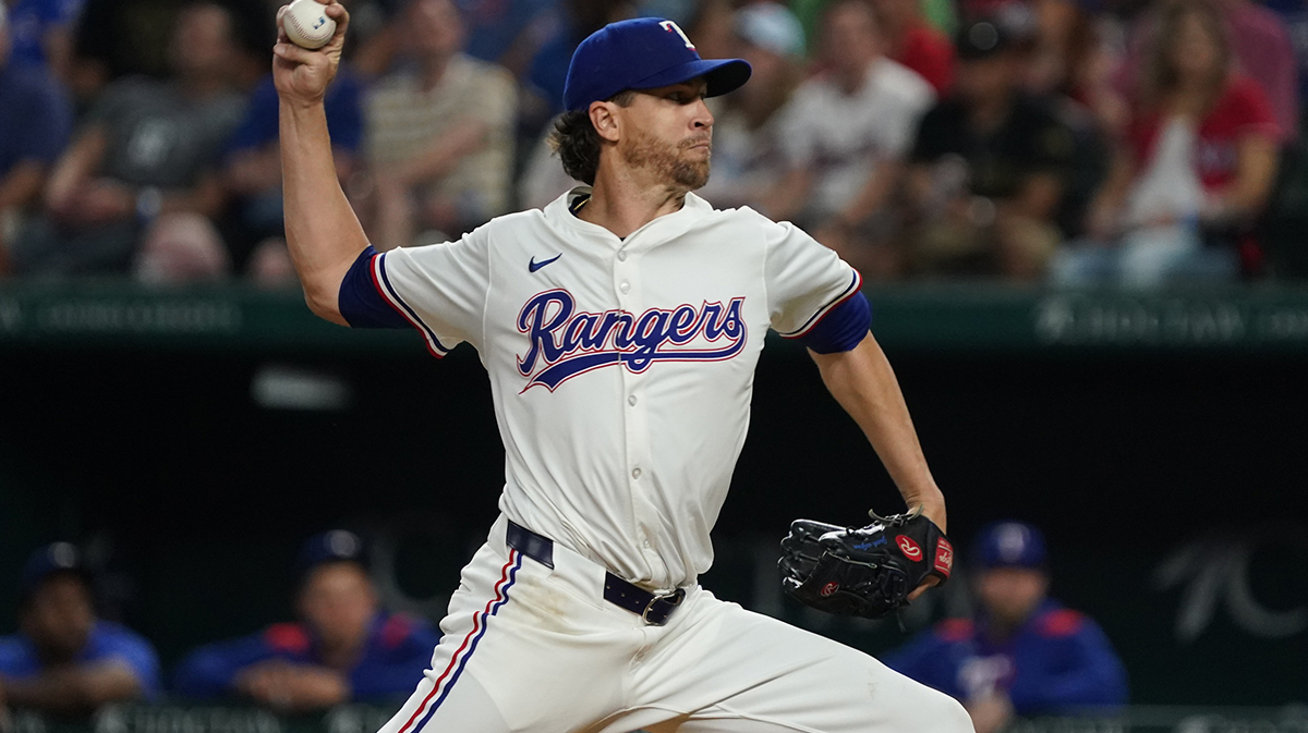 Texas Rangers pitcher Jacob deGrom (48) throws to the plate during the eighth inning against the Houston Astros at Globe Life Field.