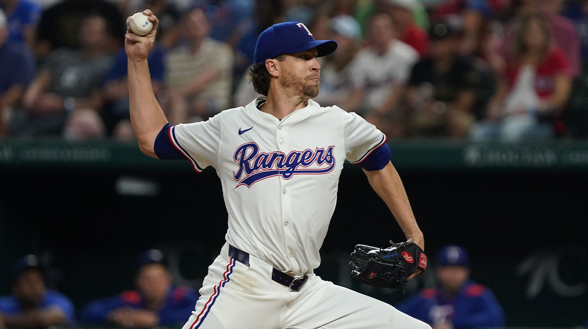 Texas Rangers pitcher Jacob deGrom (48) throws to the plate during the eighth inning against the Houston Astros at Globe Life Field.