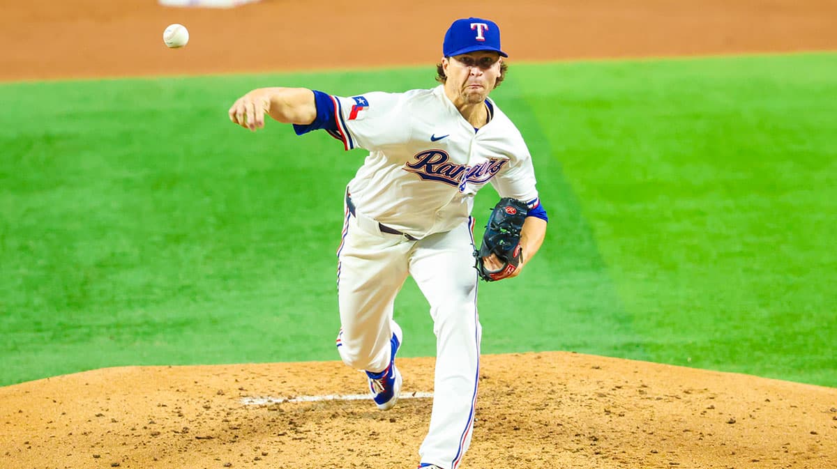 Apr 5, 2025; Arlington, Texas, USA; Texas Rangers starting pitcher Jacob deGrom (48) throws during the fifth inning against the Tampa Bay Rays at Globe Life Field.