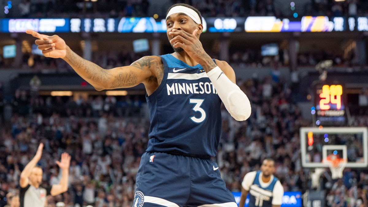Minnesota Timberwolves forward Jaden McDaniels (3) celebrates a three pointer made against the Los Angeles Lakers in the third quarter during game four of first round for the 2025 NBA Playoffs at Target Center.