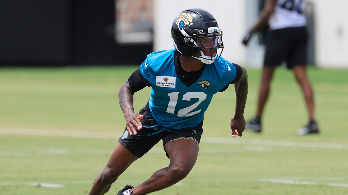 Jacksonville Jaguars wide receiver Travis Hunter (12) runs a route during a rookie minicamp at Miller Electric Center Saturday, May 10, 2025 in Jacksonville, Fla.
