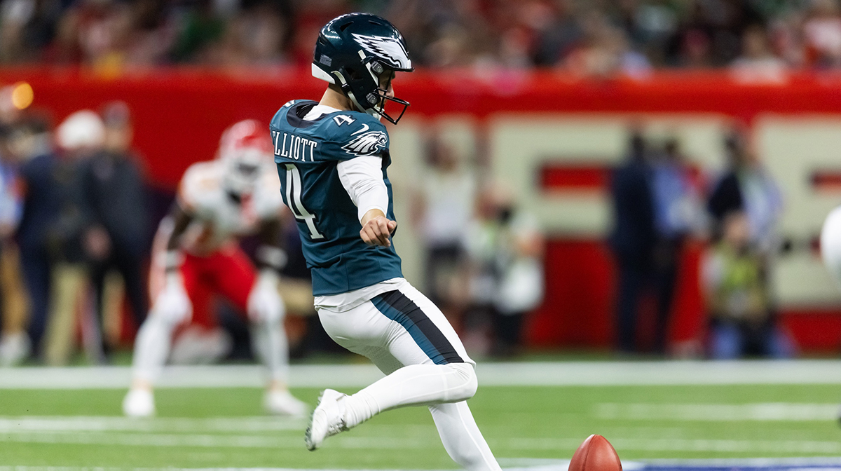 Philadelphia Eagles kicker Jake Elliott (4) against the Kansas City Chiefs during Super Bowl LIX at Ceasars Superdome.