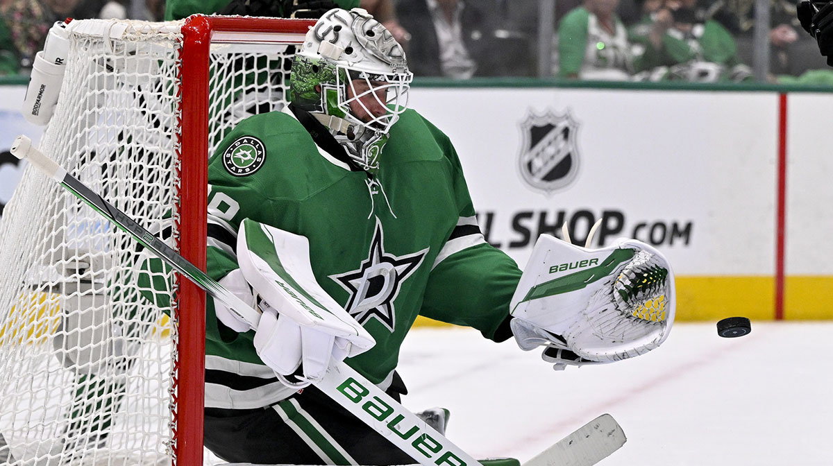 Dallas Stars goaltender Jake Oettinger (29) stops a shot by Winnipeg Jets center Vladislav Namestnikov (not pictured) during the third period in game three of the second round of the 2025 Stanley Cup Playoffs at American Airlines Center.