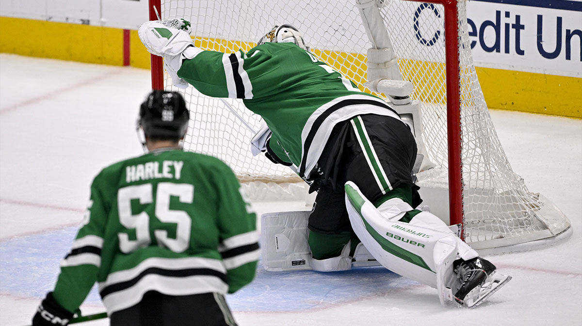 Dallas Stars goaltender Jake Oettinger (29) makes a save on a Winnipeg Jets shot during the third period in game six of the second round of the 2025 Stanley Cup Playoffs at American Airlines Center.