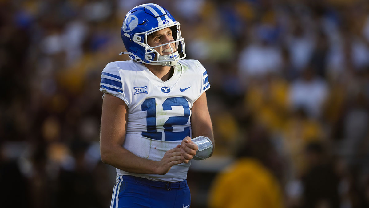 Brigham Young Cougars quarterback Jake Retzlaff (12) against the Arizona State Sun Devils at Mountain America Stadium