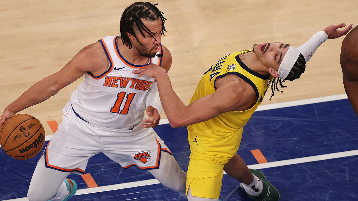 Indiana Pacers guard Andrew Nembhard (2) fouls New York Knicks guard Jalen Brunson (11) in the first quarter during game two of the eastern conference finals for the 2025 NBA Playoffs.