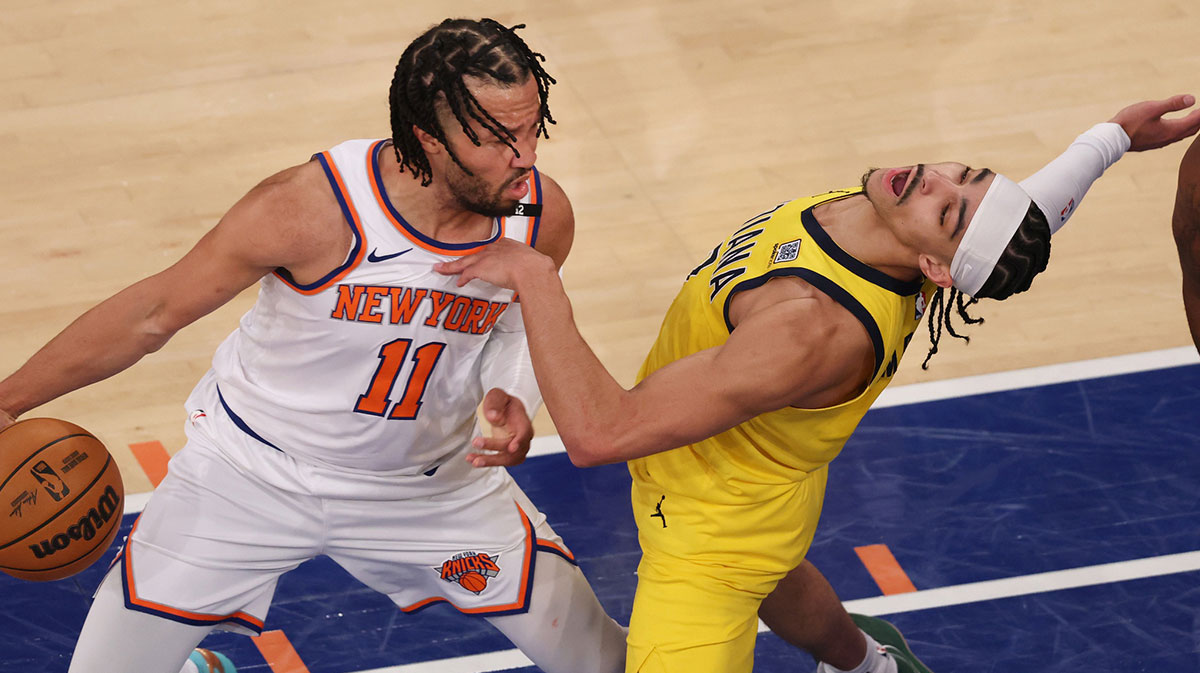 Indiana Pacers guard Andrew Nembhard (2) fouls New York Knicks guard Jalen Brunson (11) in the first quarter during game two of the eastern conference finals for the 2025 NBA Playoffs at Madison Square Garden.