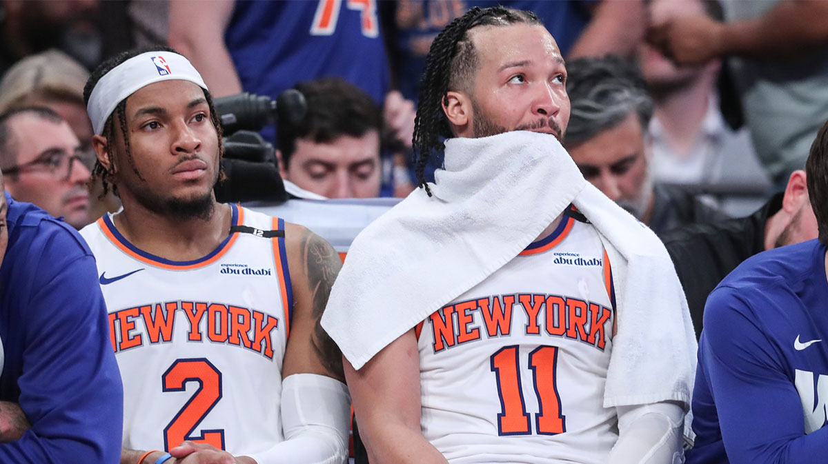 New York Knicks guards Miles McBride (2) and Jalen Brunson (11) sit on the bench in the closing minute of the fourth quarter against the Boston Celtics during game three of the second round for the 2025 NBA Playoffs at Madison Square Garden.